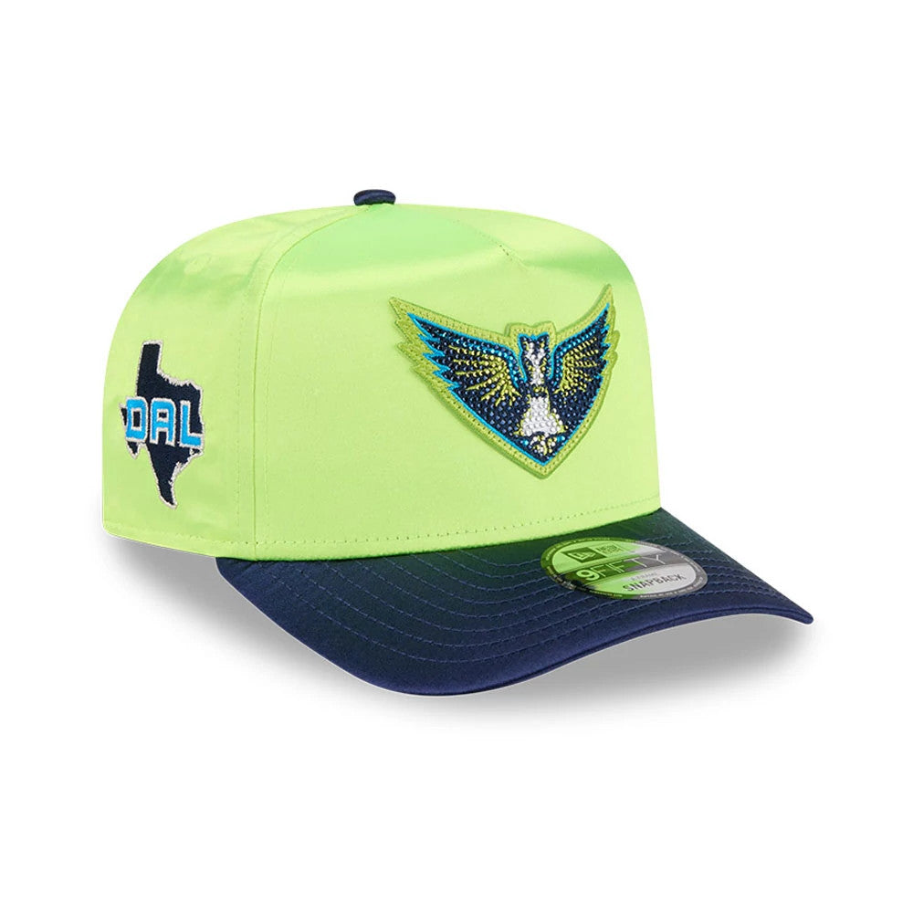 Wings WNBA Draft 2026 Bright Green New Era 9FIFTY A-Frame Snapback Adjustable Cap, three-quarter view showing a bright blue and white embroidered wings logo on the front panel, a navy visor with a 9FIFTY size sticker, and DAL embroidery on the side.