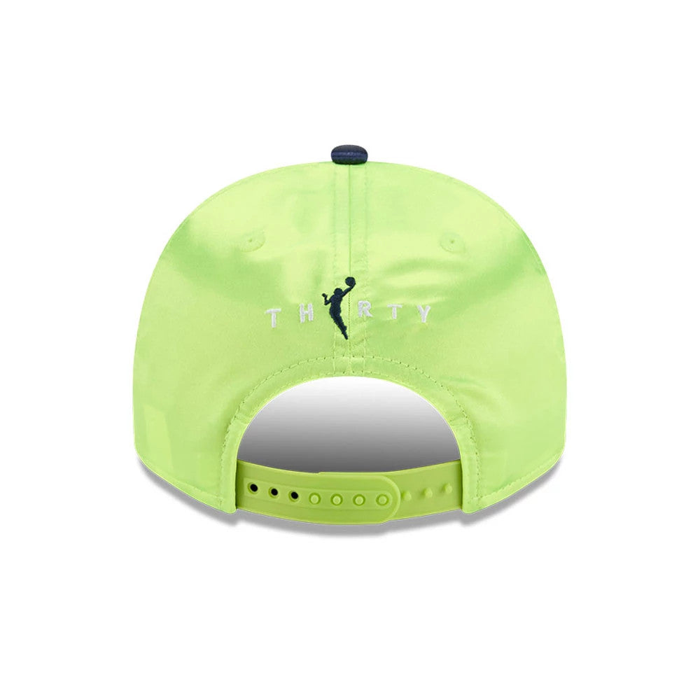 Wings WNBA Draft 2026 Bright Green New Era 9FIFTY A-Frame Snapback Adjustable Cap, rear view showing the navy embroidered silhouette logo and THIRTY lettering centred on the bright green back panels, with an adjustable snap closure below.