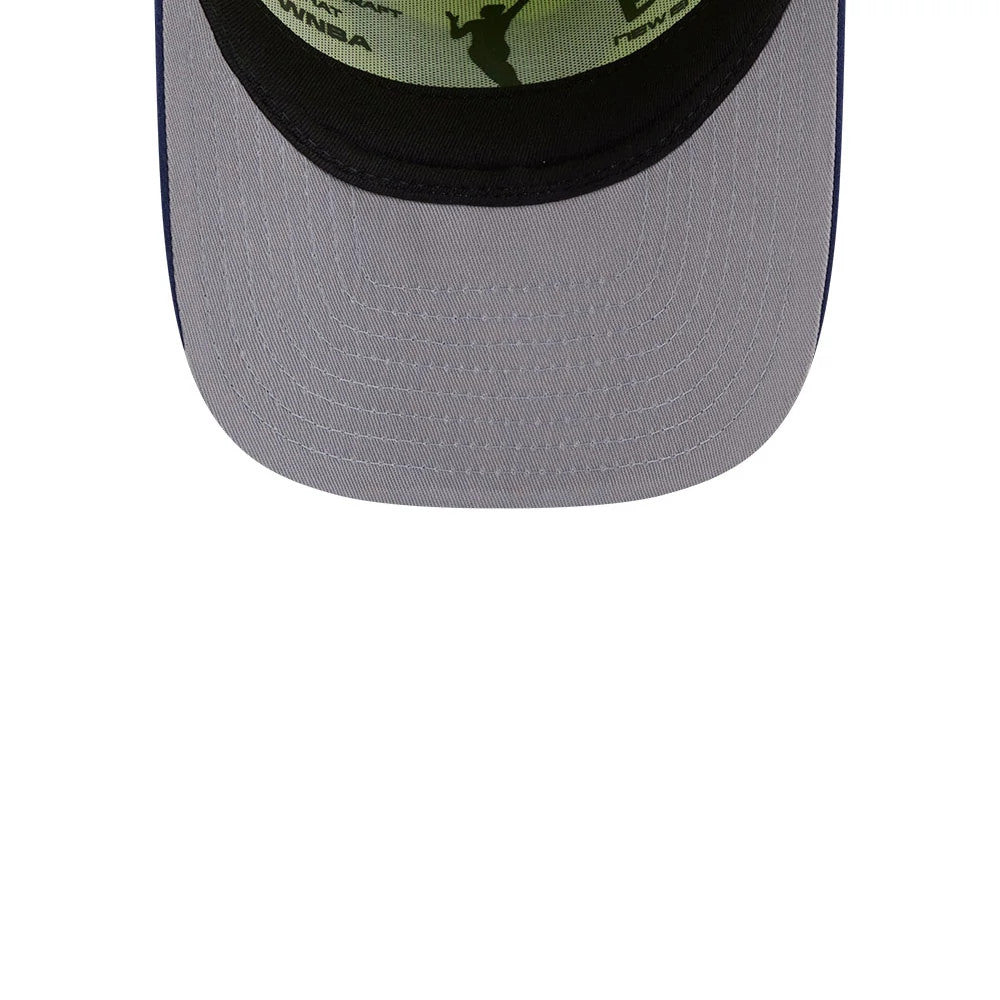 Wings WNBA Draft 2026 Bright Green New Era 9FIFTY A-Frame Snapback Adjustable Cap, inside view showing a grey undervisor with white stitching, a graphic design on the underside of the crown in bright green, and black inner taping.