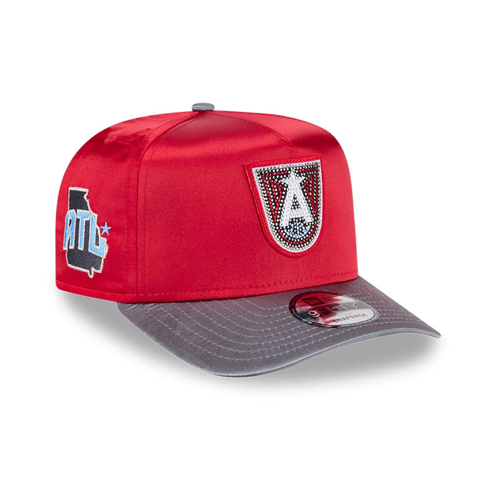 Dream WNBA Draft 2026 Red New Era 9FIFTY A-Frame Snapback Adjustable Cap, three-quarter view showing the red embroidered A logo with gem details on the front panel, light blue ATL embroidery on the left side.