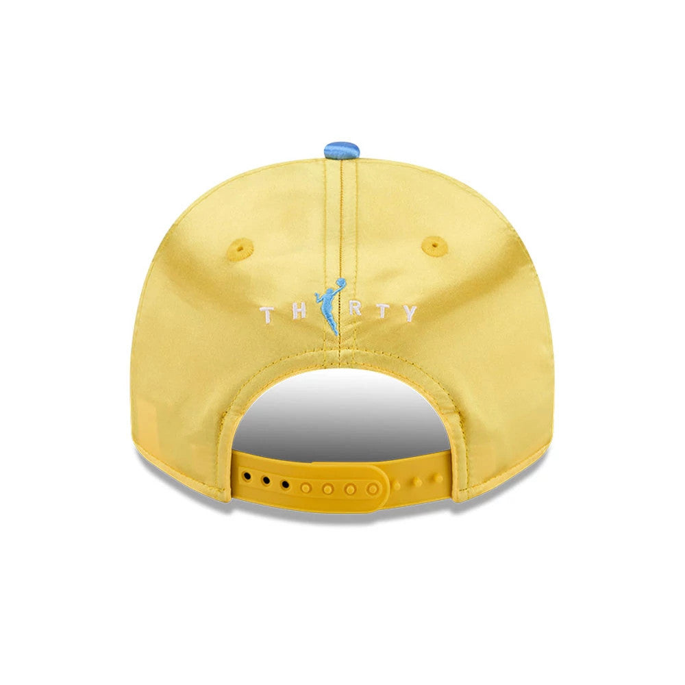 Sky WNBA Draft 2026 Yellow New Era 9FIFTY A-Frame Snapback Adjustable Cap, rear view showing a white and blue embroidered THIRTY logo centred on the yellow crown, with a blue top button and yellow snapback closure.