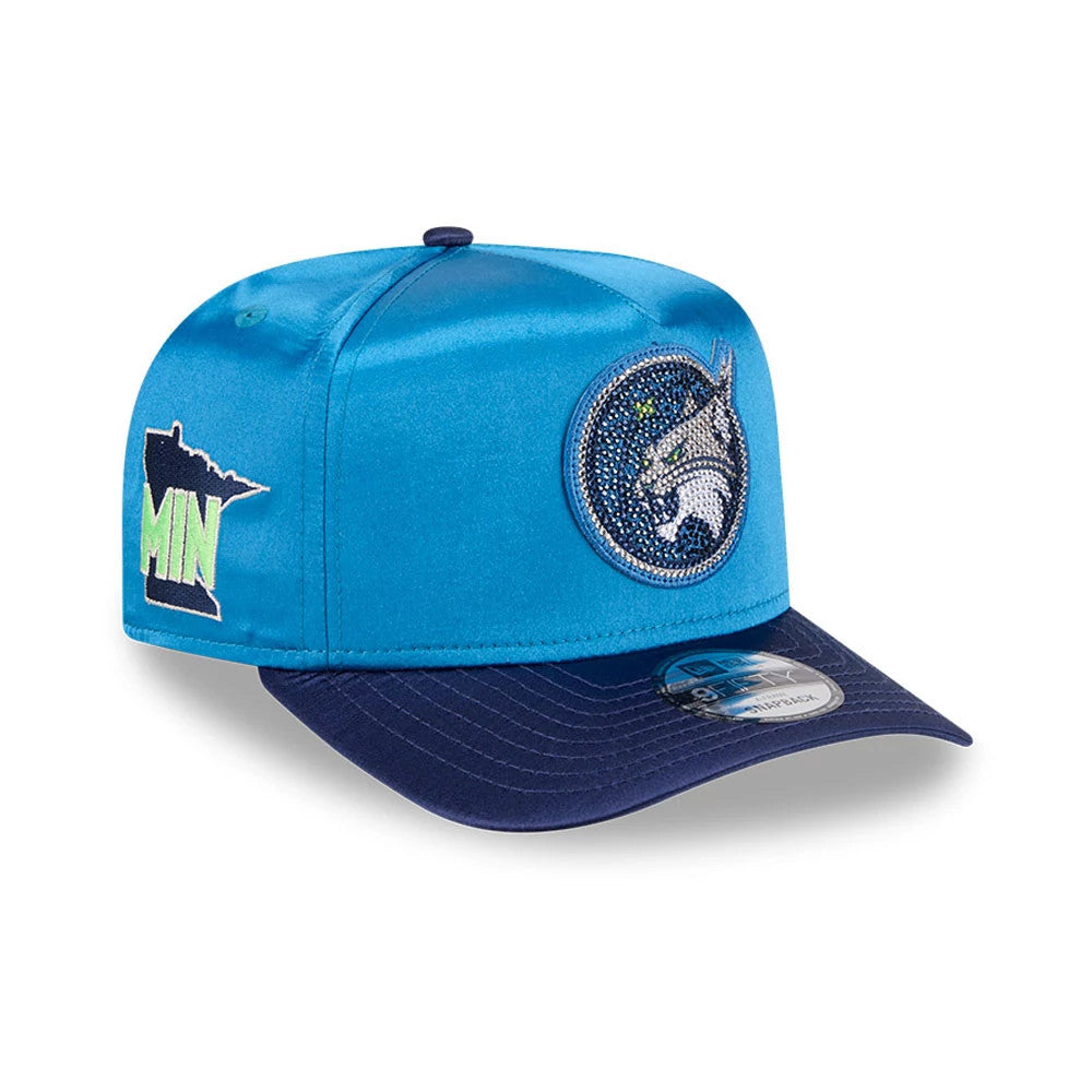 Minnesota Lynx WNBA Draft 2026 Blue New Era 9FIFTY A-Frame Snapback Adjustable Cap, three-quarter view showing the embroidered team logo on the front panel, a navy blue flat visor with a 9FIFTY size sticker, and a side patch with MIN lettering.