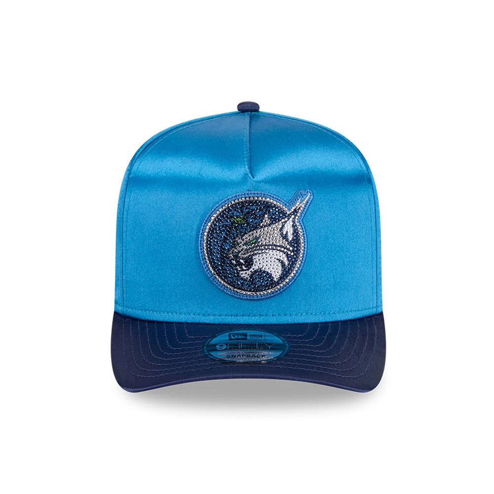 Minnesota Lynx WNBA Draft 2026 Blue New Era 9FIFTY A-Frame Snapback Adjustable Cap, front view showing a rhinestone-embellished Lynx logo with a sparkling effect on the structured blue crown, paired with a contrasting dark navy visor.