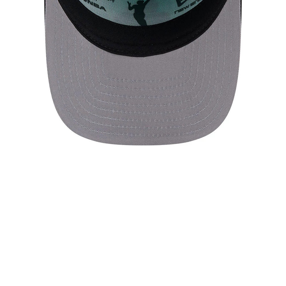 Liberty WNBA Draft 2026 Pastel Green New Era 9FIFTY A-Frame Snapback Adjustable Cap, inside view showing a pastel green undervisor with silhouetted WNBA player graphics, a black sweatband and contrast grey stitching on the visor.