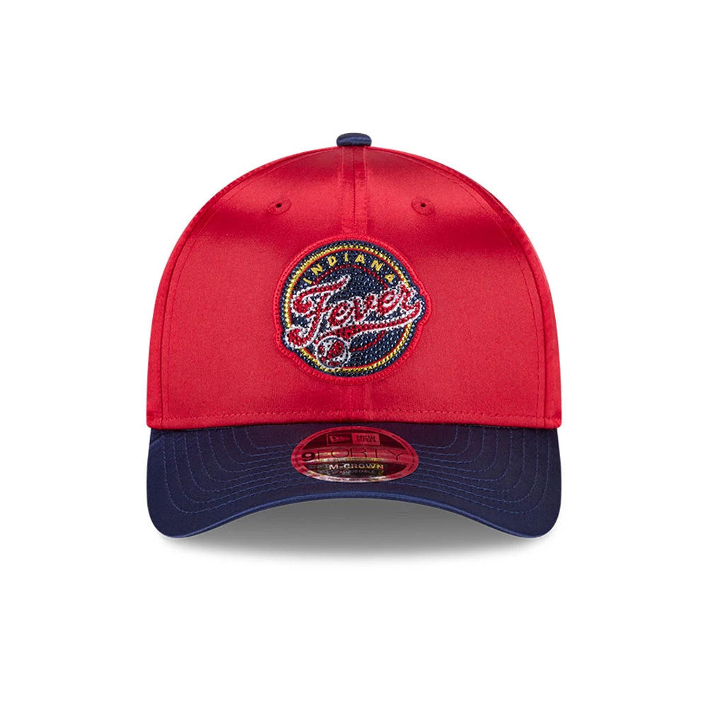 Indiana Fever WNBA Draft 2026 Red New Era 9FORTY M-Crown Adjustable Cap, front view showing a colourful raised embroidered Indiana Fever logo on the red front panel, navy curved visor, and 9FORTY size sticker on the visor.