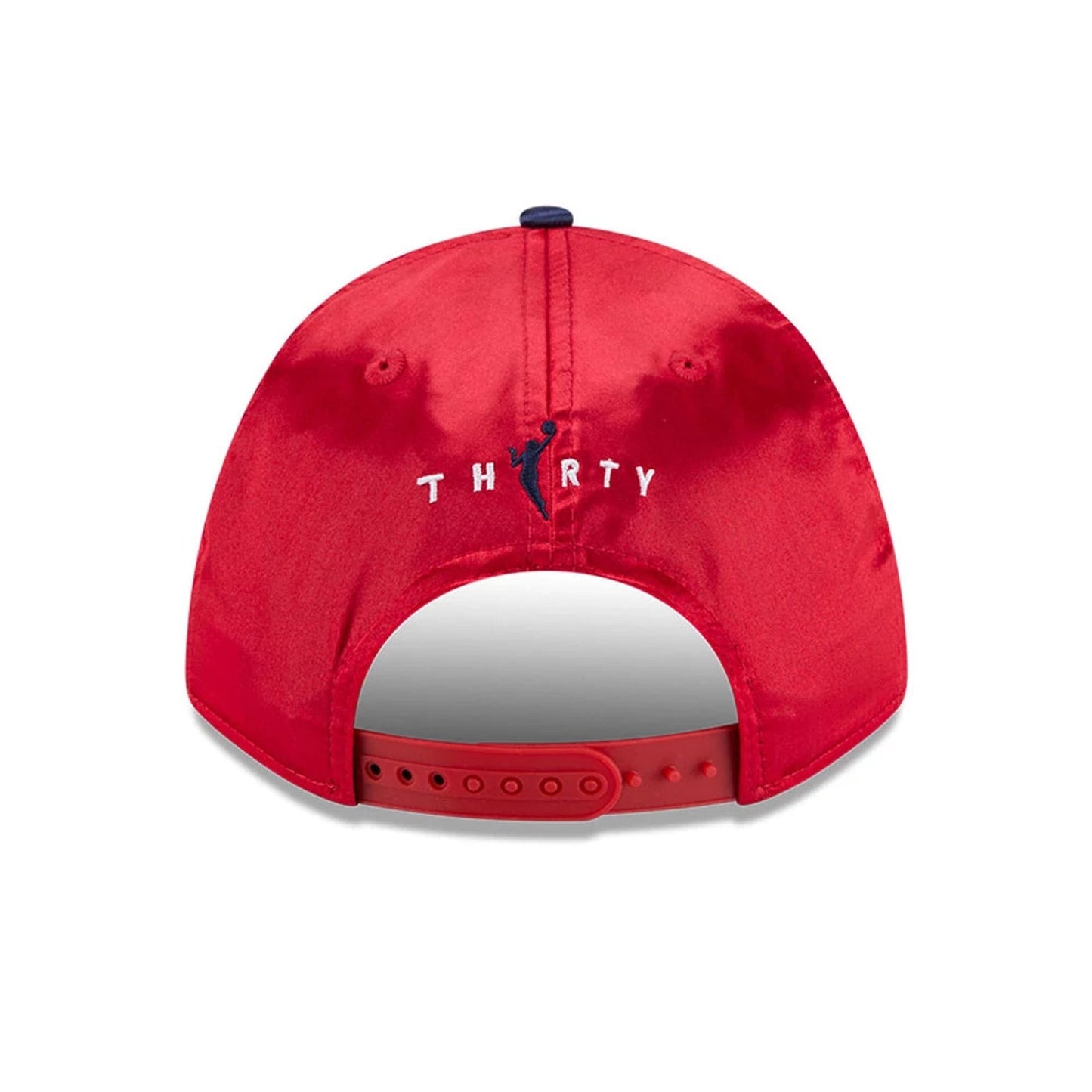 Indiana Fever WNBA Draft 2026 Red New Era 9FORTY M-Crown Adjustable Cap, rear view showing the word THIRTY embroidered in white and navy on the red crown, with a matching red adjustable strap and navy top button.
