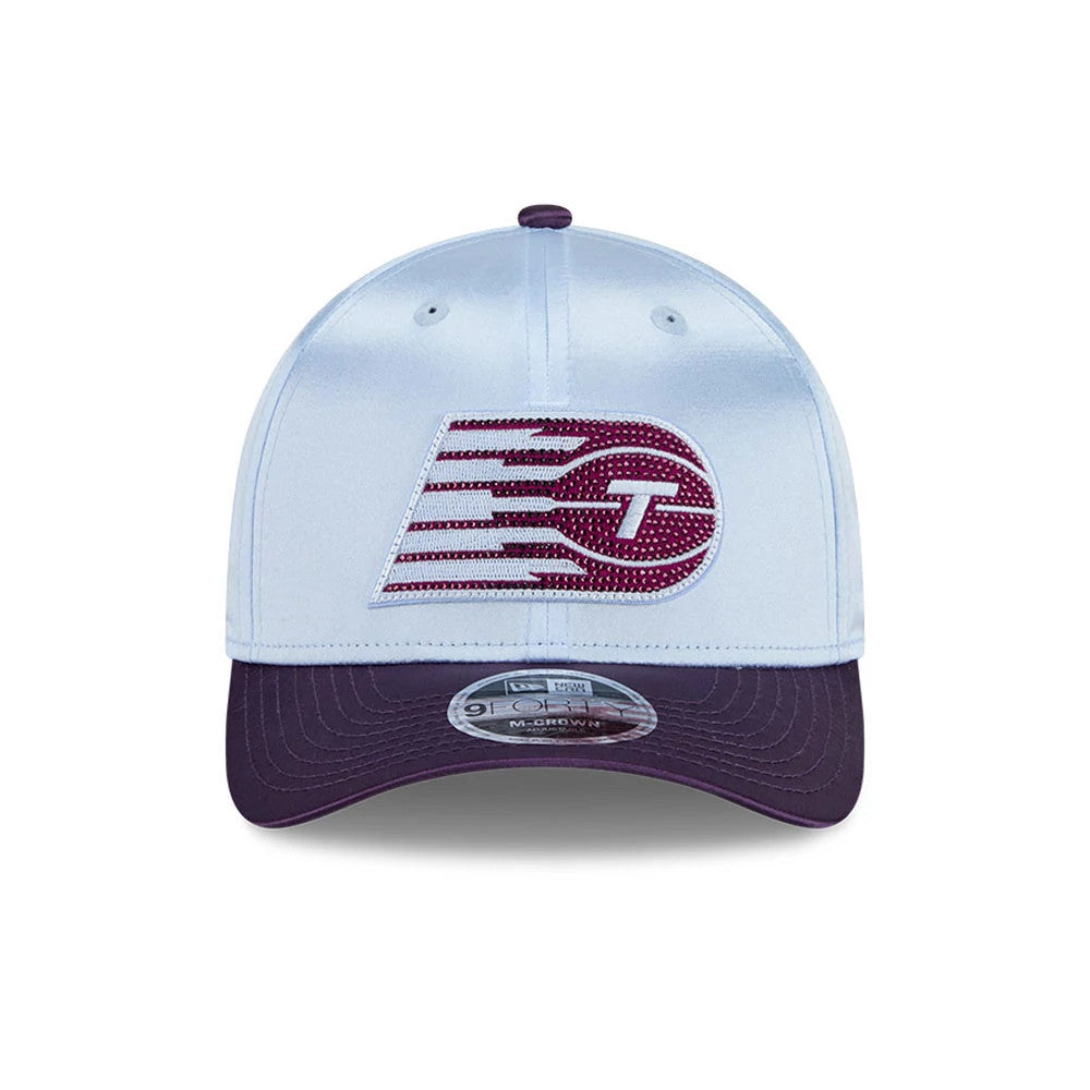Toronto Tempo WNBA Draft 2026 Pastel Blue New Era 9FORTY M-Crown Adjustable Cap, front view showing the raised maroon and white embroidered logo on the front panel, deep purple curved visor and 9FORTY size sticker.