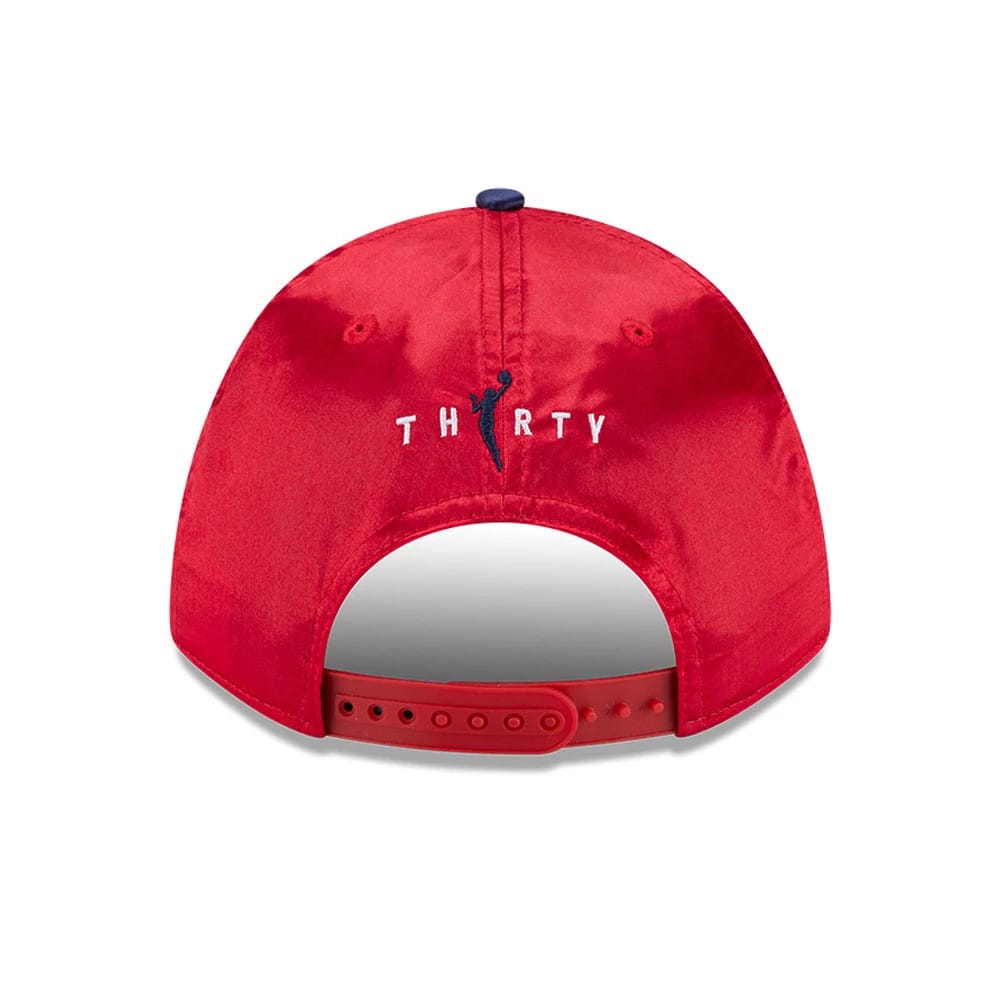 Washington Mystics WNBA Draft 2026 Red New Era 9FORTY M-Crown Adjustable Cap, rear view showing the embroidered THIRTY text and a player silhouette in navy and white on the structured red crown, with a matching red adjustable strap.