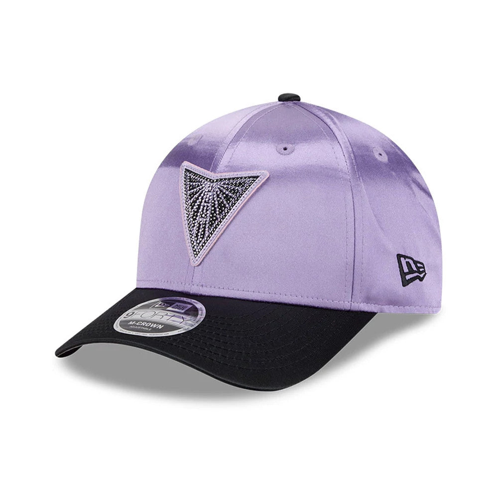 Valkyries WNBA Draft 2026 Pastel Purple New Era 9FORTY M-Crown Adjustable Cap, front view showing a beaded geometric design embroidered on the front panel, a black curved visor with a 9FORTY size sticker, and New Era flag logo on the left side.