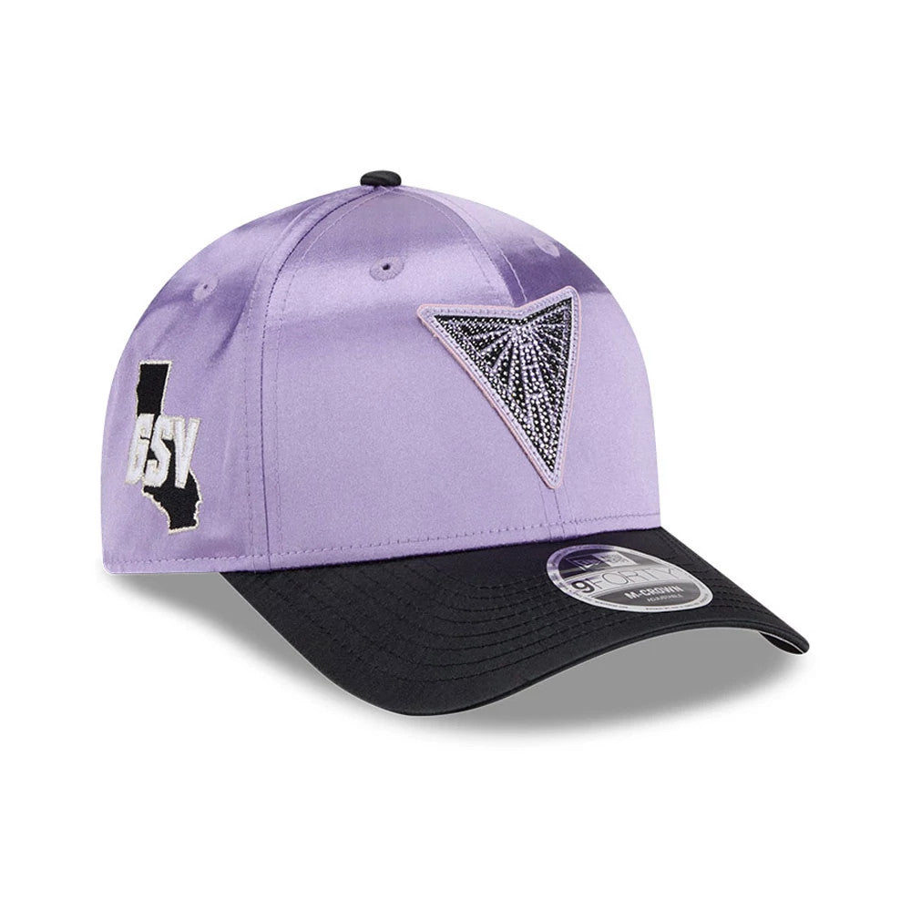 Valkyries WNBA Draft 2026 Pastel Purple New Era 9FORTY M-Crown Adjustable Cap, three-quarter view showing a triangle pattern on the front panel, black visor with a 9FORTY size sticker, and a GSV logo on the left side.