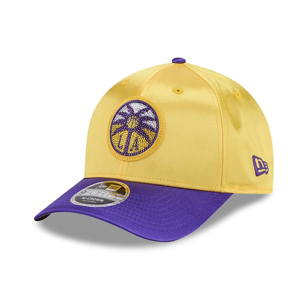 Los Angeles Sparks WNBA Draft 2026 Yellow New Era 9FORTY M-Crown Adjustable Cap, front view showing the purple and white embroidered logo on the yellow front panel, with a purple curved visor and the 9FORTY size sticker.