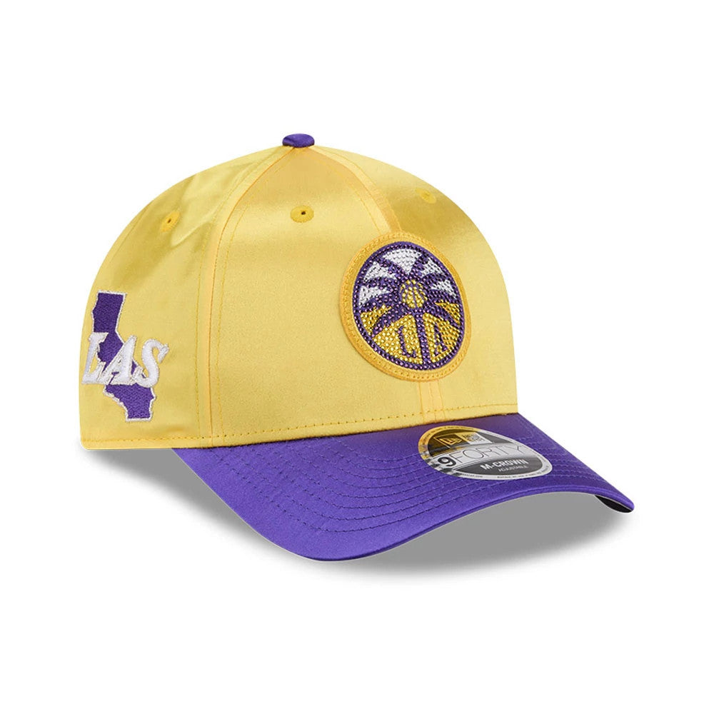 Los Angeles Sparks WNBA Draft 2026 Yellow New Era 9FORTY M-Crown Adjustable Cap, front view showing the purple and white embroidered team logo on the yellow crown, purple visor with 9FORTY size sticker.