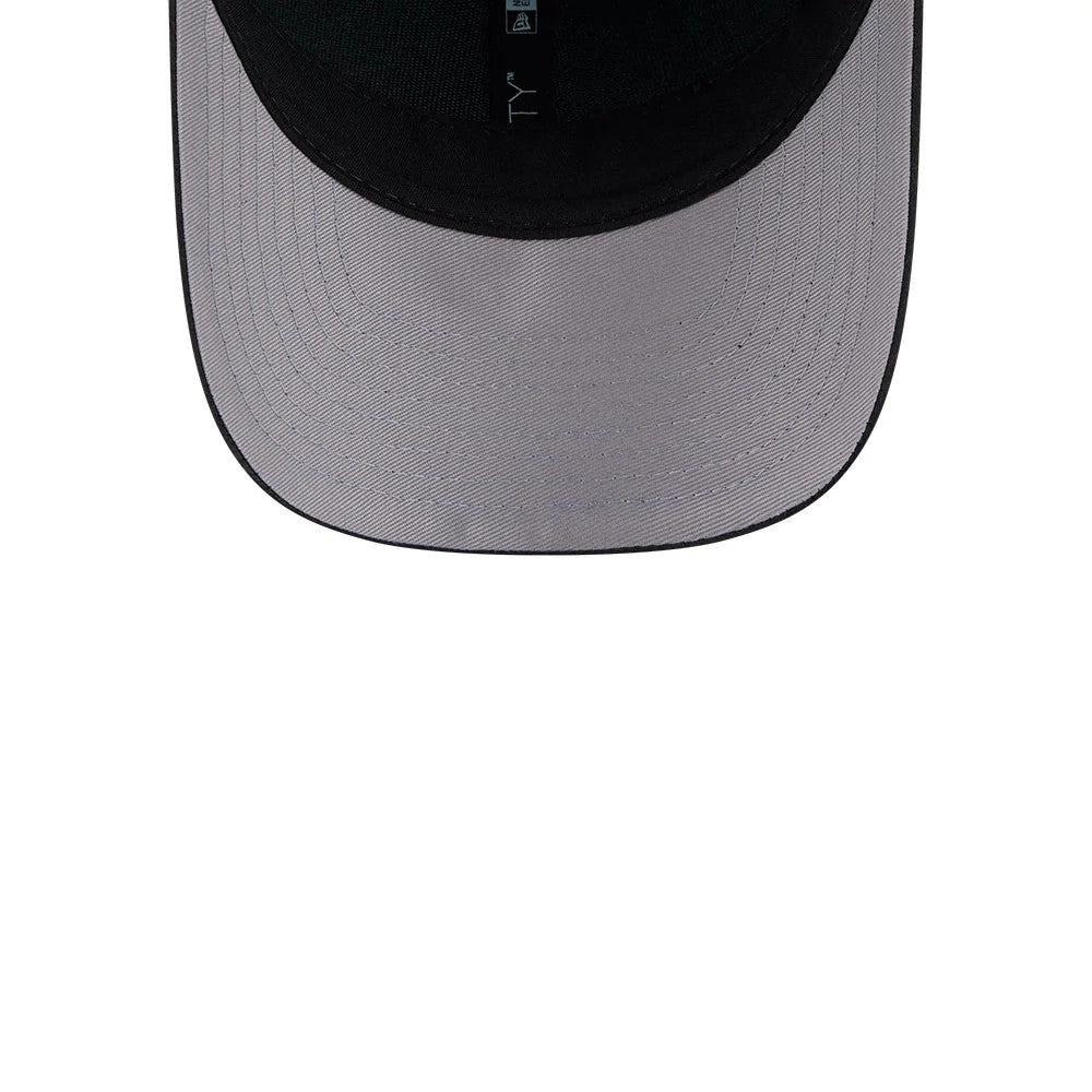 New York Liberty WNBA Draft 2026 Blue New Era 9FORTY M-Crown Adjustable Cap, inside view showing a grey undervisor with a contrast black sweatband and black interior taping, highlighting the cap's structured build and precise stitching.