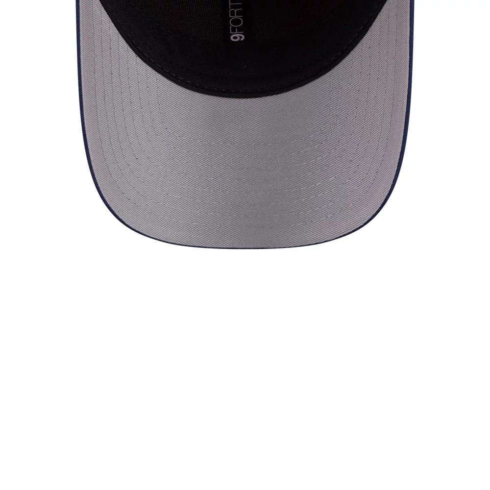Connecticut Sun WNBA Draft 2026 Orange New Era 9FORTY M-Crown Adjustable Cap, inside view showing a contrasting grey undervisor, black sweatband with an imprinted 9FORTY size sticker, and detailed stitching along the visor edge.