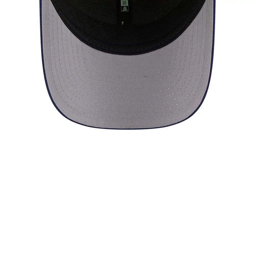 Dallas Wings WNBA Draft 2026 Bright Green New Era 9FORTY M-Crown Adjustable Cap, inside view showing a light grey undervisor with detailed stitching, a black sweatband, and New Era branded taping running across the interior crown.