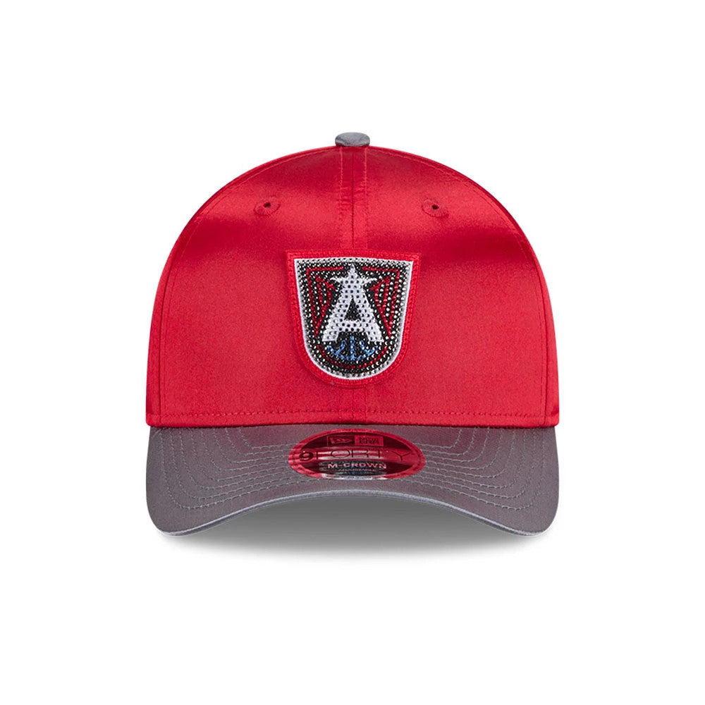 Atlanta Dream WNBA Draft 2026 Red New Era 9FORTY M-Crown Adjustable Cap, front view showing a white and black embroidered A logo with sparkling accents on the red front panel, curved grey visor and red 9FORTY size sticker.