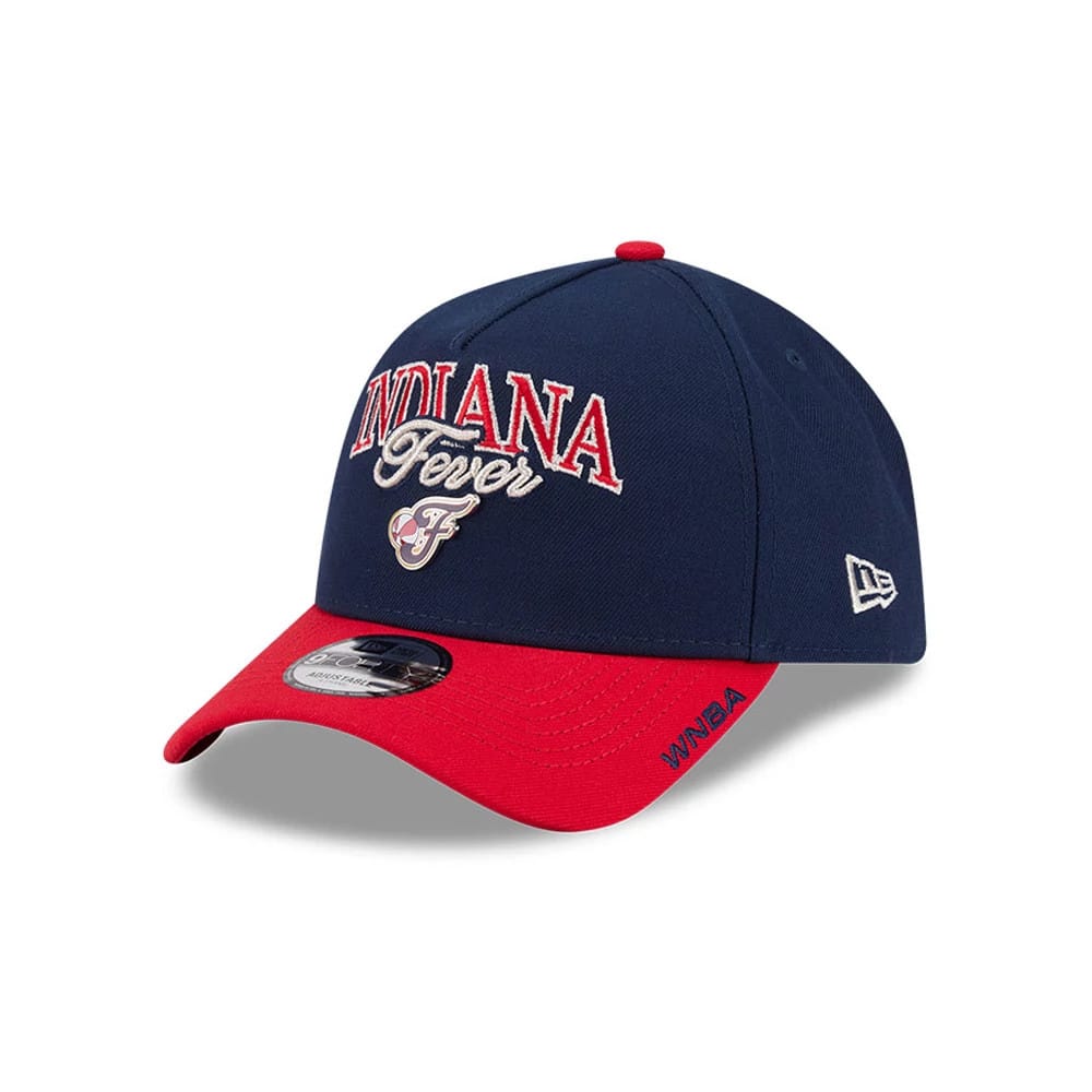 Indiana Fever WNBA Tip Off 2026 Navy New Era 9FORTY A-Frame Adjustable Cap, front view showing the raised embroidered Indiana Fever logo on the navy front panels, with a contrasting red curved visor featuring a black 9FORTY size sticker.