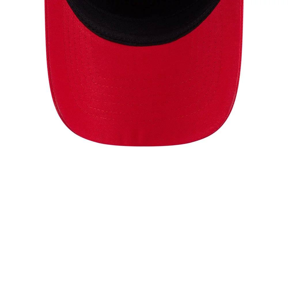 Indiana Fever WNBA Tip Off 2026 Navy New Era 9FORTY A-Frame Adjustable Cap, top view showing the red visor contrasted with a black undervisor, highlighting the stitching detail on the edges of the curved visor.