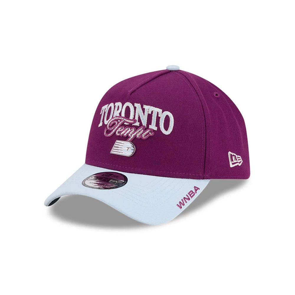 Toronto Tempo WNBA Tip Off 2026 Dark Red New Era 9FORTY A-Frame Adjustable Cap, three-quarter view showing raised white and red embroidered Toronto Tempo text logo on the front panel, light blue curved visor with WNBA on the side.