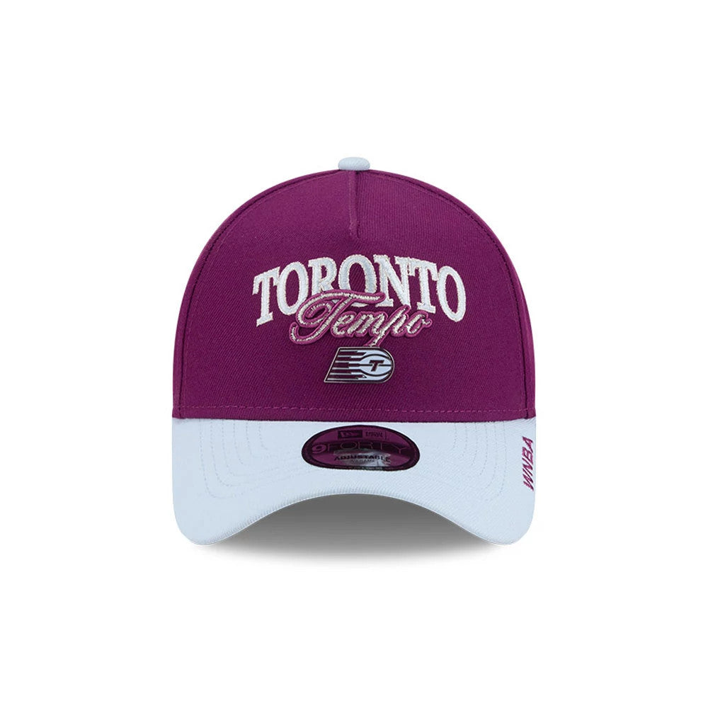 Toronto Tempo WNBA Tip Off 2026 Dark Red New Era 9FORTY A-Frame Adjustable Cap, front view showing the raised white and red Toronto Tempo embroidery on the structured dark red crown, with a light grey visor and 9FORTY size sticker.