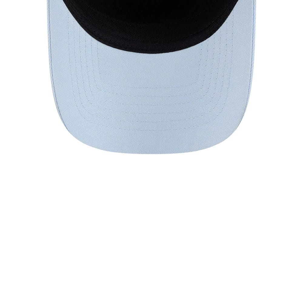 Toronto Tempo WNBA Tip Off 2026 Dark Red New Era 9FORTY A-Frame Adjustable Cap, top view showing the structured black crown with six panels, light blue curved visor, and stitch on the visor.