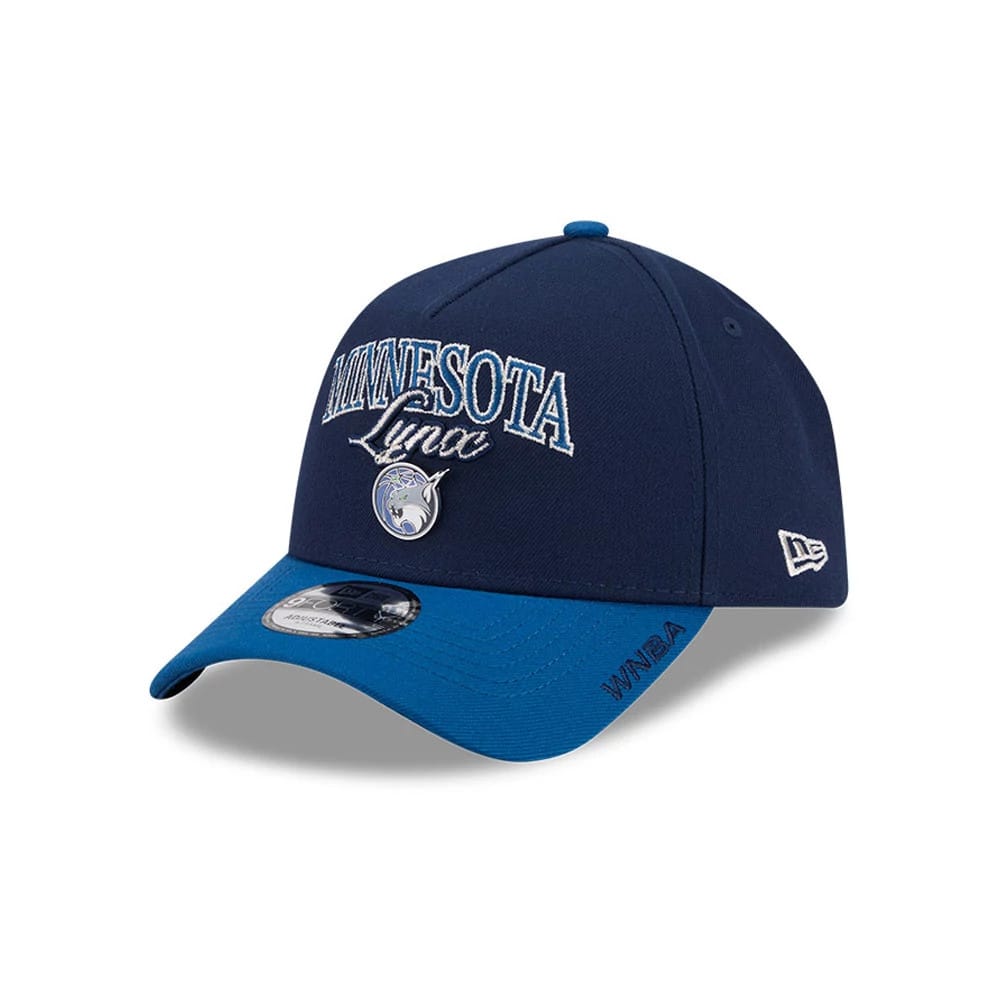 Minnesota Lynx WNBA Tip Off 2026 Navy New Era 9FORTY A-Frame Adjustable Cap, three-quarter view showing the raised white and navy embroidered logo on the front panel, a contrasting blue visor with an embroidered 'WNBA' detail.