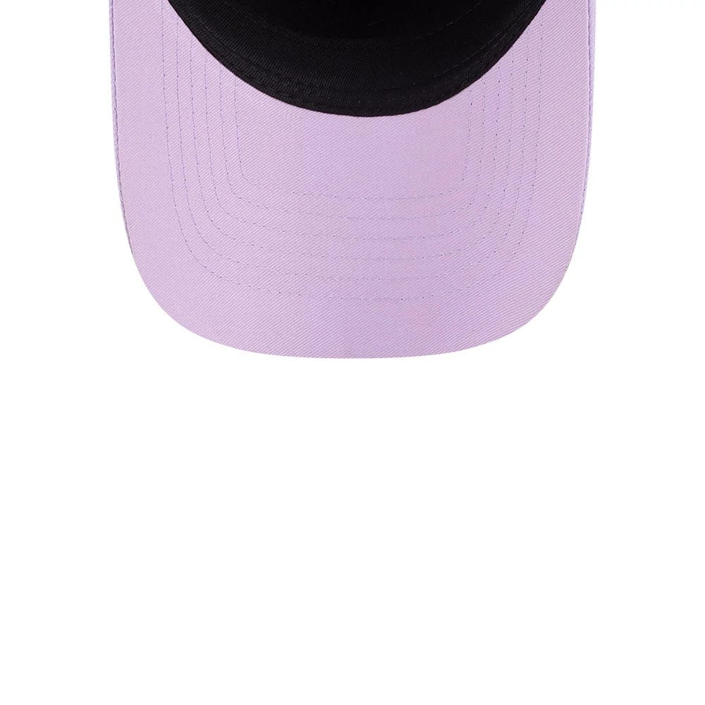 Golden State Valkyries WNBA Tip Off 2026 Black New Era 9FORTY A-Frame Adjustable Cap, underside view showing the lavender undervisor and the black edge of the curved visor, with detailed stitching on both surfaces.