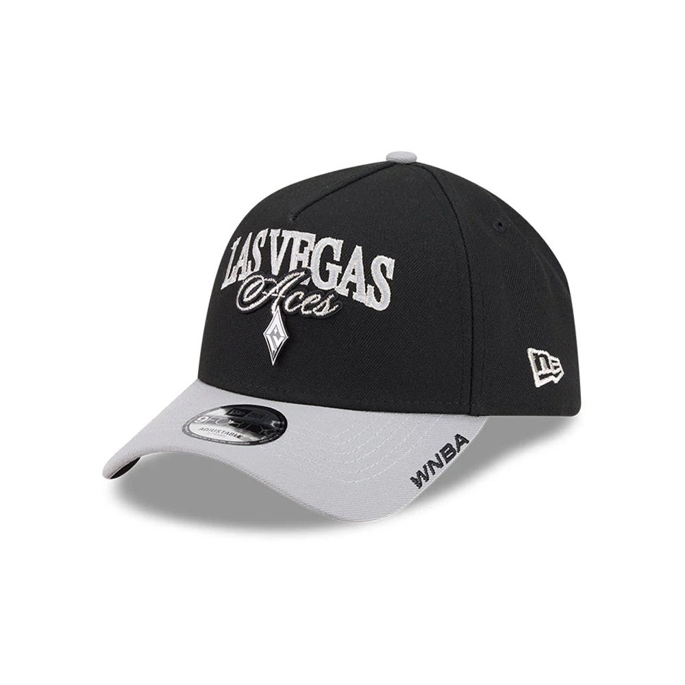 Las Vegas Aces WNBA Tip Off 2026 Black New Era 9FORTY A-Frame Adjustable Cap, three-quarter view showing raised white Las Vegas Aces embroidery on the black front panels, a New Era flag logo on the left side.