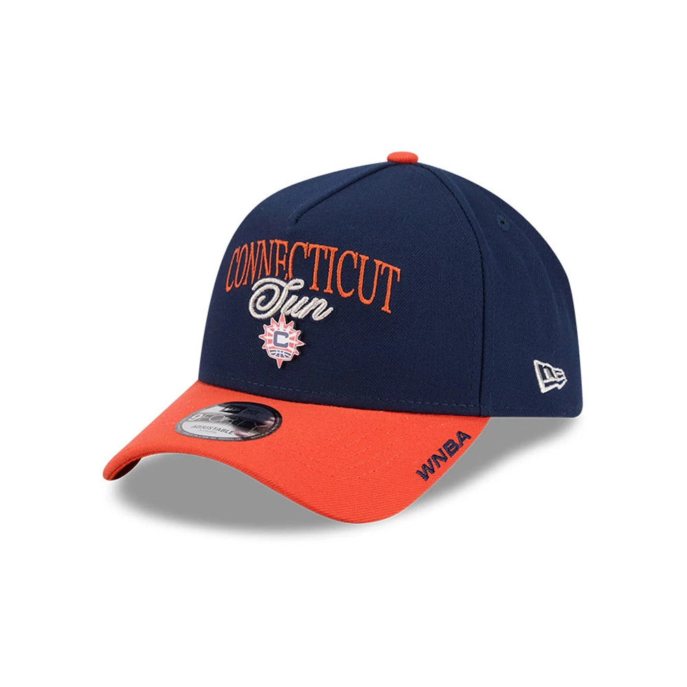 Connecticut Sun WNBA Tip Off 2026 Navy New Era 9FORTY A-Frame Adjustable Cap, three-quarter view showing raised orange embroidered Connecticut Sun text on the navy front panel, orange visor with black 9FORTY size sticker.