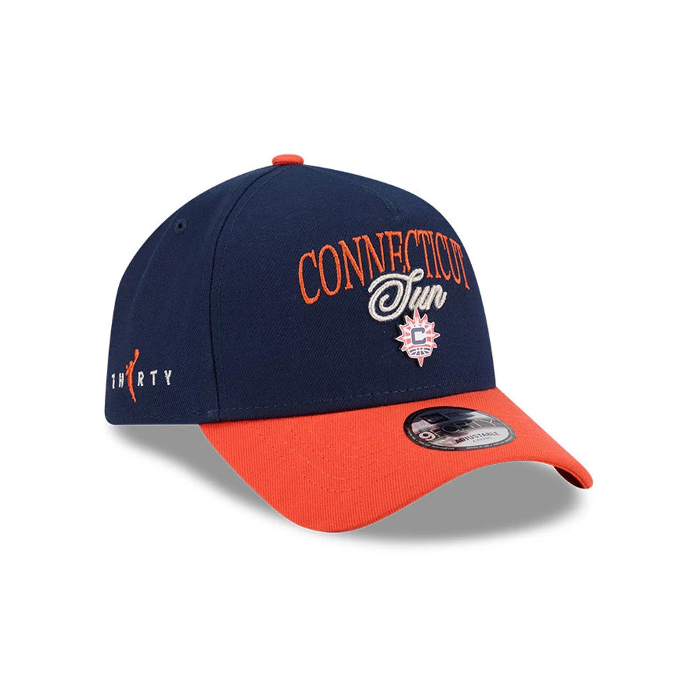 Connecticut Sun WNBA Tip Off 2026 Navy New Era 9FORTY A-Frame Adjustable Cap, three-quarter view showing the orange raised embroidered Connecticut Sun logo on the front panel, orange curved visor with a 9FORTY size sticker.