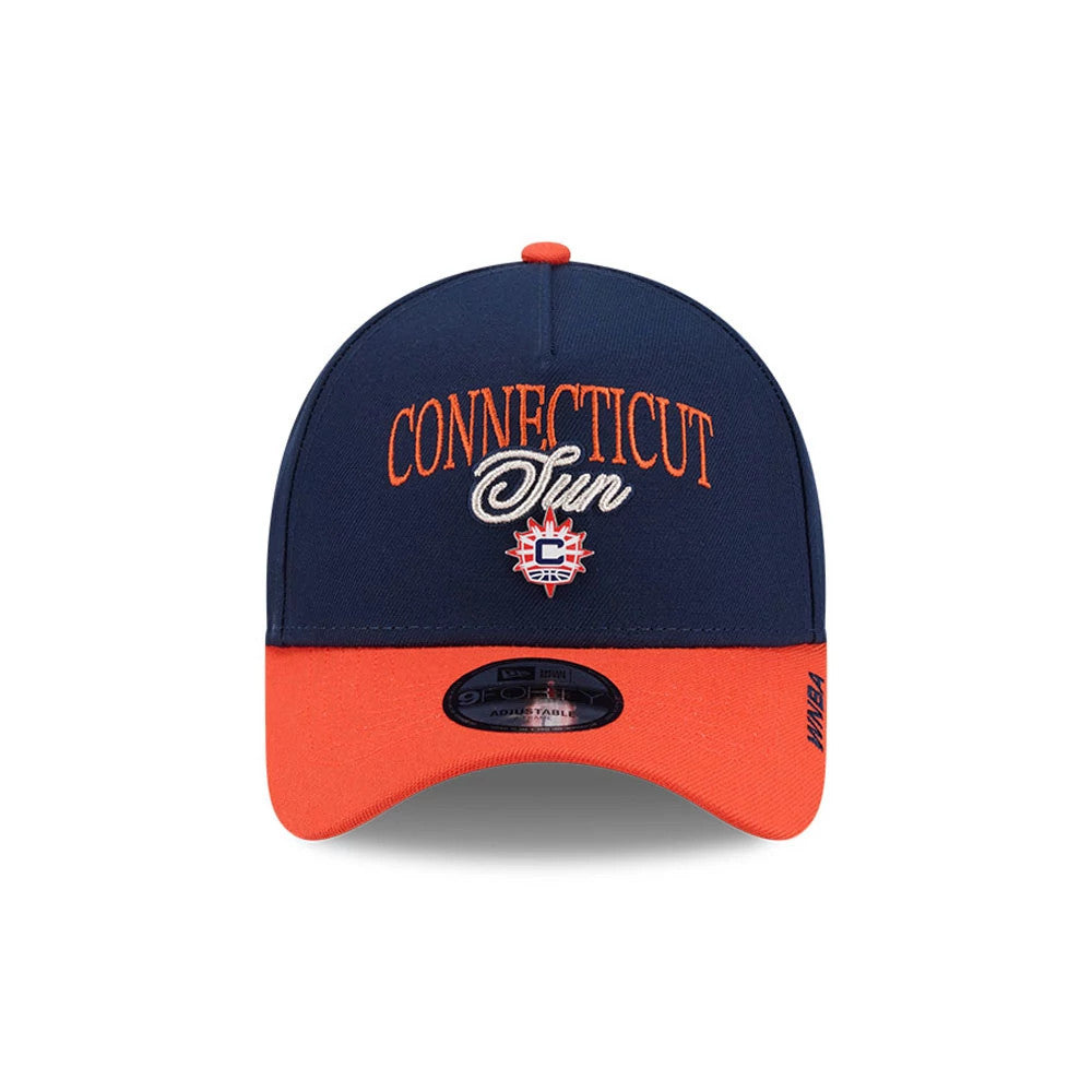 Connecticut Sun WNBA Tip Off 2026 Navy New Era 9FORTY A-Frame Adjustable Cap, front view showing raised orange and white embroidery of the team name on the navy front panel, set above the team logo.