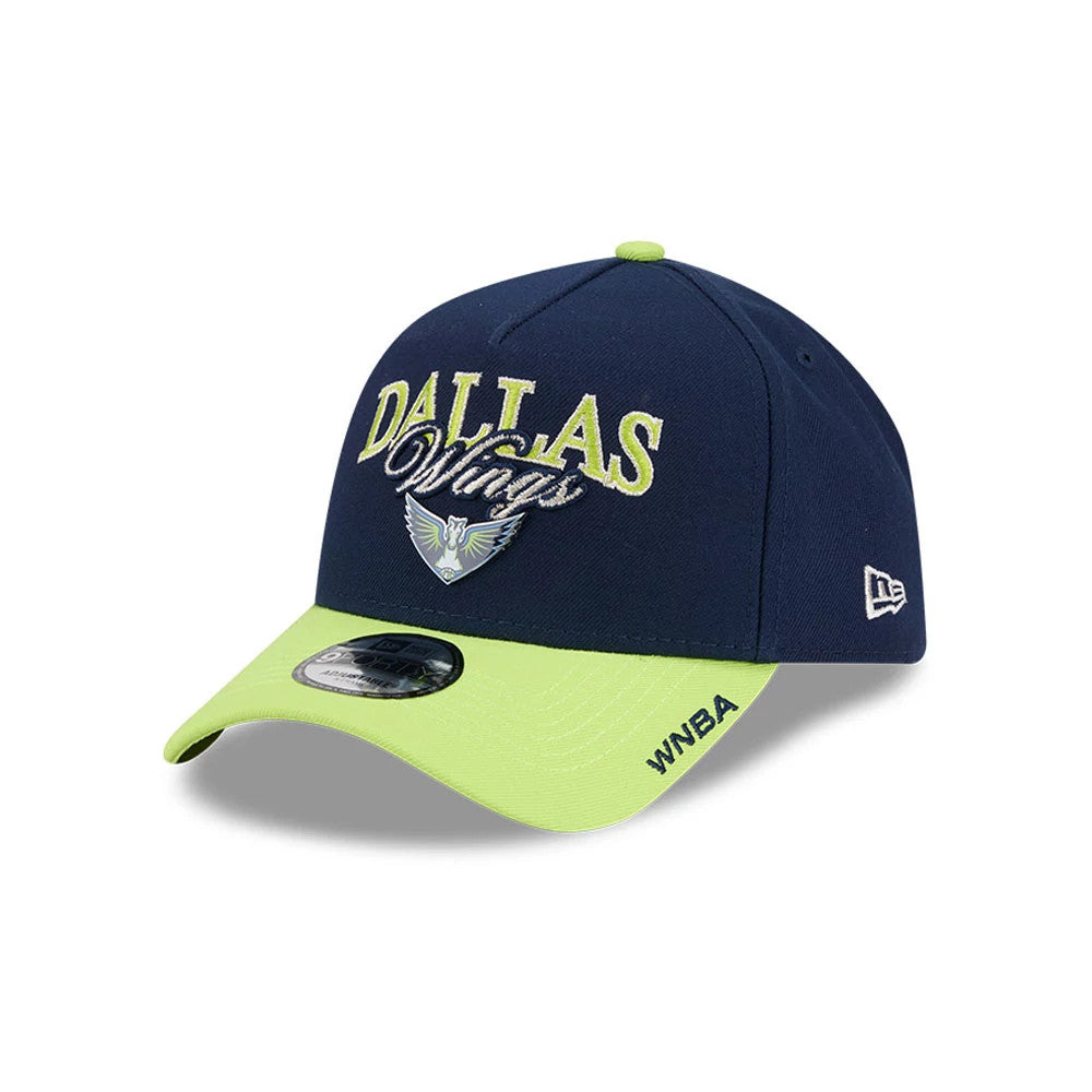 Dallas Wings WNBA Tip Off 2026 Navy New Era 9FORTY A-Frame Adjustable Cap, three-quarter view showing the raised lime green and silver embroidered Dallas Wings logo on the front panel, with a lime green curved visor and WNBA lettering.