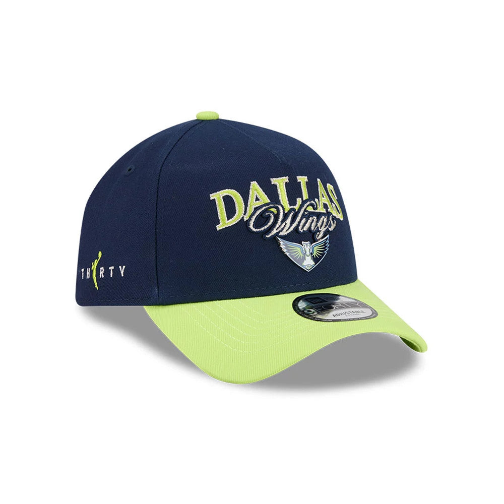 Dallas Wings WNBA Tip Off 2026 Navy New Era 9FORTY A-Frame Adjustable Cap, three-quarter view showing the raised embroidered team logo and text on the structured navy crown, lime green visor, and 9FORTY size sticker on the visor.