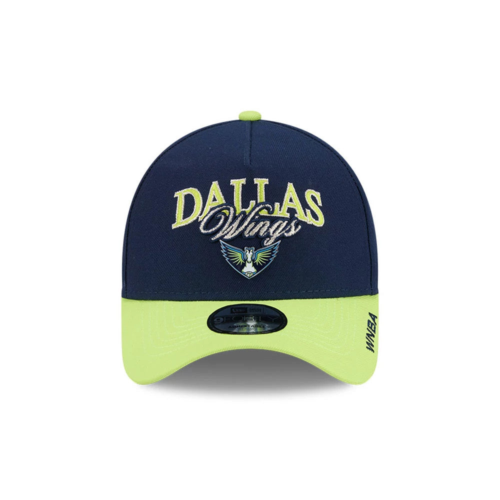 Dallas Wings WNBA Tip Off 2026 Navy New Era 9FORTY A-Frame Adjustable Cap, front view showing the raised embroidered Dallas Wings logo in lime on the navy front panel, a lime visor with a 9FORTY size sticker, and #WNBA text on the side.