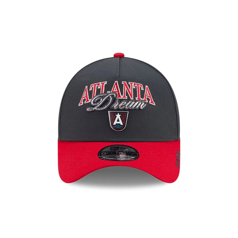 Atlanta Dream WNBA Tip Off 2026 Black New Era 9FORTY A-Frame Adjustable Cap, front view showing red and white raised embroidered Atlanta Dream text on the black crown, the team's A logo underneath, and a curved red visor with a 9FORTY size sticker.