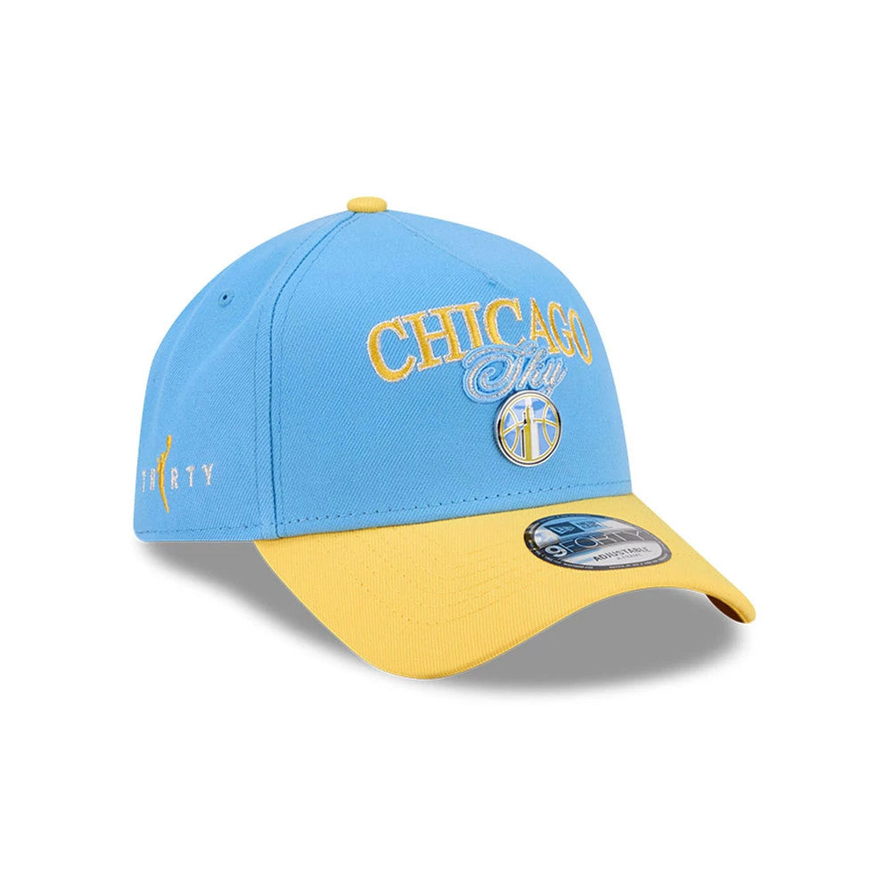 Chicago Sky WNBA Tip Off 2026 Light Blue New Era 9FORTY A-Frame Adjustable Cap, three-quarter view showing the yellow embroidered logo on the front panel, complemented by a yellow visor and 9FORTY size sticker, with side WNBA logo.