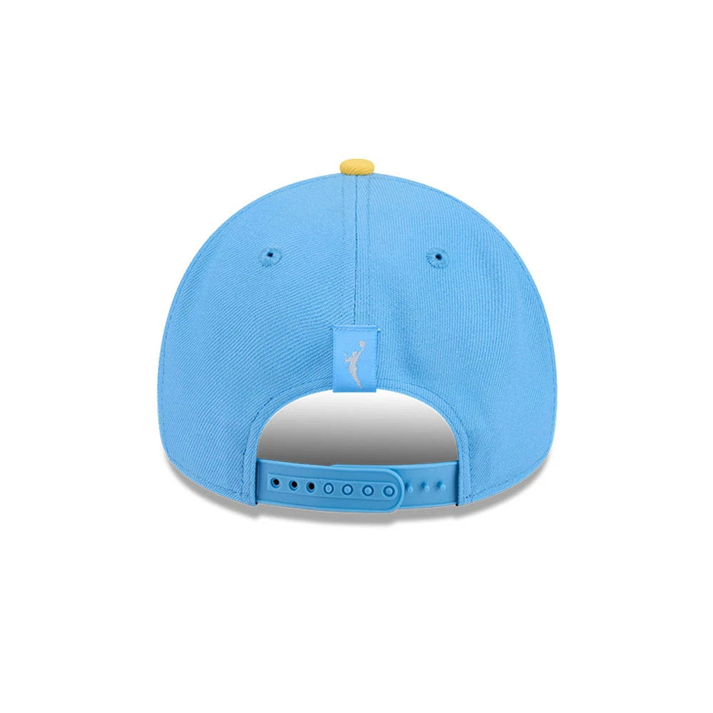 Chicago Sky WNBA Tip Off 2026 Light Blue New Era 9FORTY A-Frame Adjustable Cap, rear view showing the white embroidered WNBA logo on the back strap, with a light blue adjustable closure and a yellow top button on the blue structured crown.