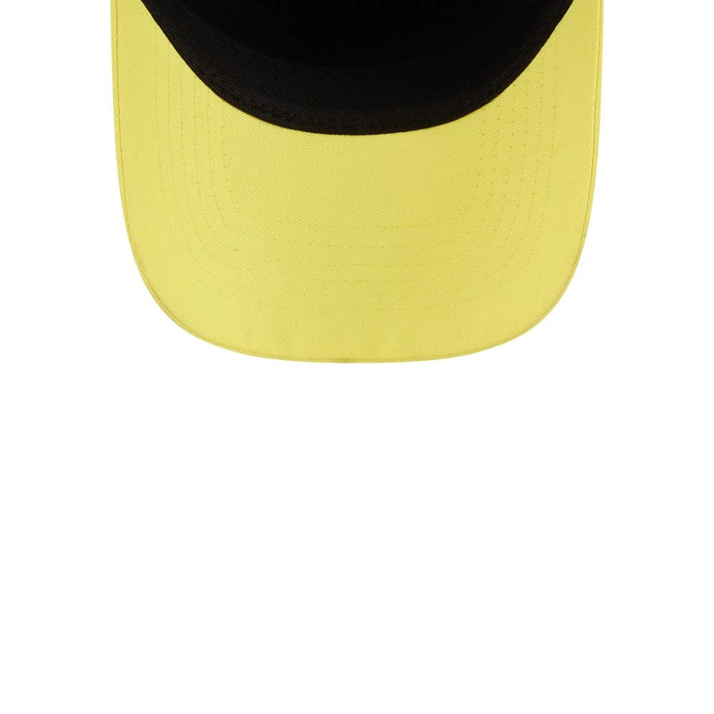 Seattle Storm WNBA Tip Off 2026 Dark Green New Era 9FORTY A-Frame Adjustable Cap, underside view showing the black undervisor contrasting with the bright yellow visor, highlighting the cap's interior structure.