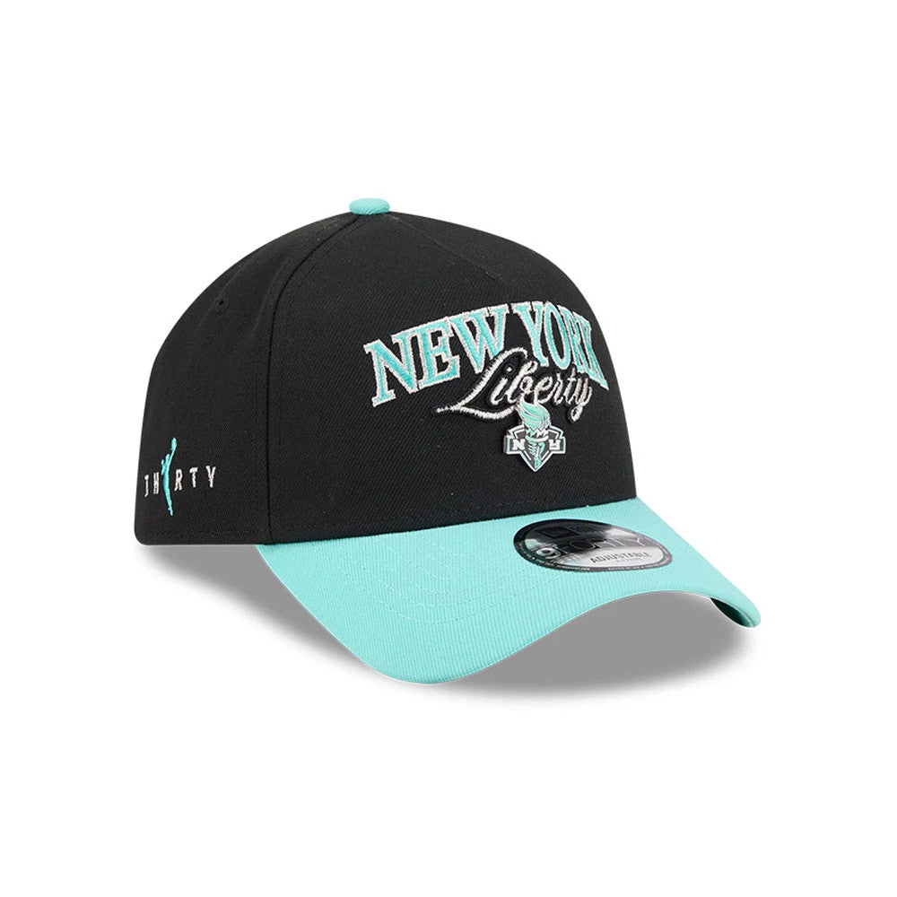 New York Liberty WNBA Tip Off 2026 Black New Era 9FORTY A-Frame Adjustable Cap, three-quarter view showing the raised teal New York Liberty logo on the black front panel, complemented by a teal top button.