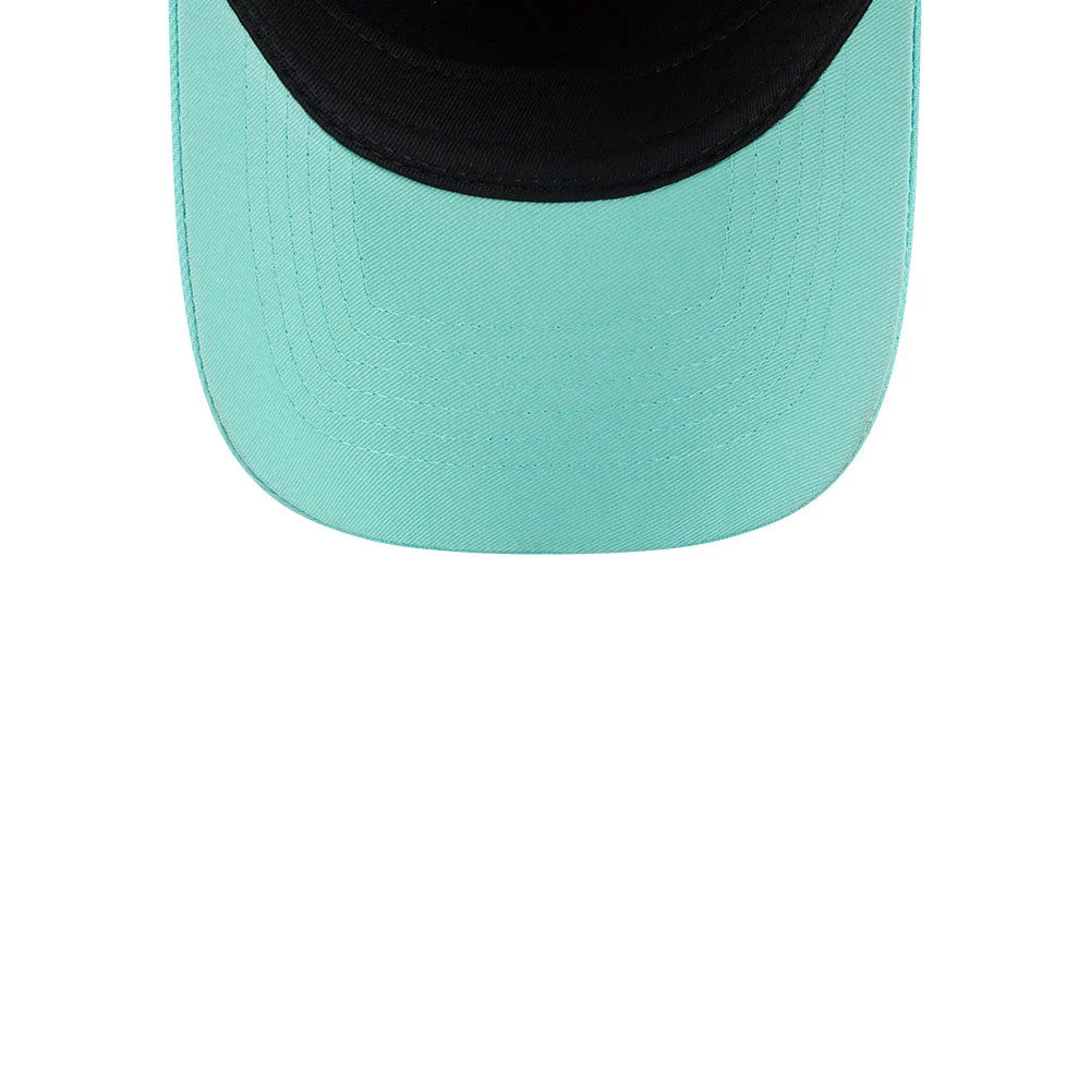 New York Liberty WNBA Tip Off 2026 Black New Era 9FORTY A-Frame Adjustable Cap, top view showing a contrast between the black crown and light blue flat visor, with seam lines on the visor emphasising its curved shape.