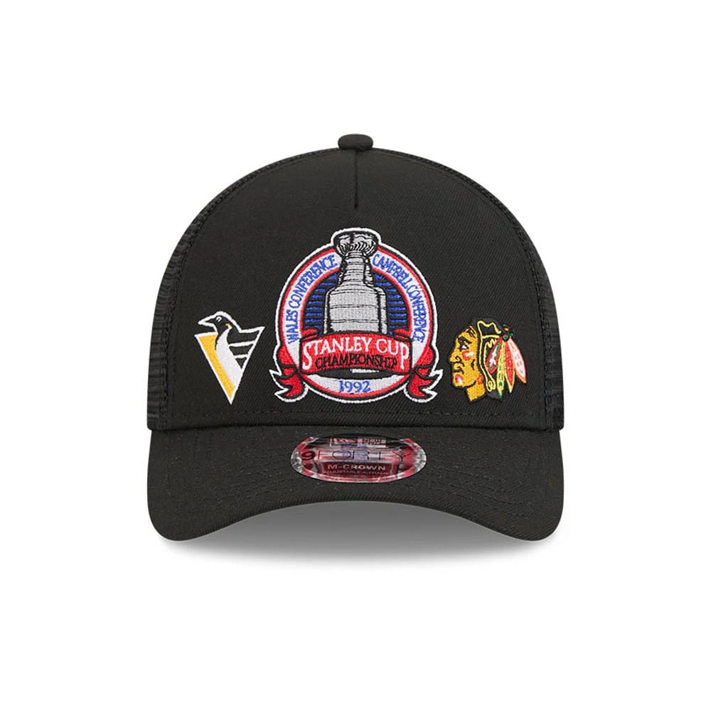 Pictured is this NHL Stanley Cup Champions Pittsburgh Penguins 9FORTY M-Crown A-Frame Trucker Adjustable cap in black. 3