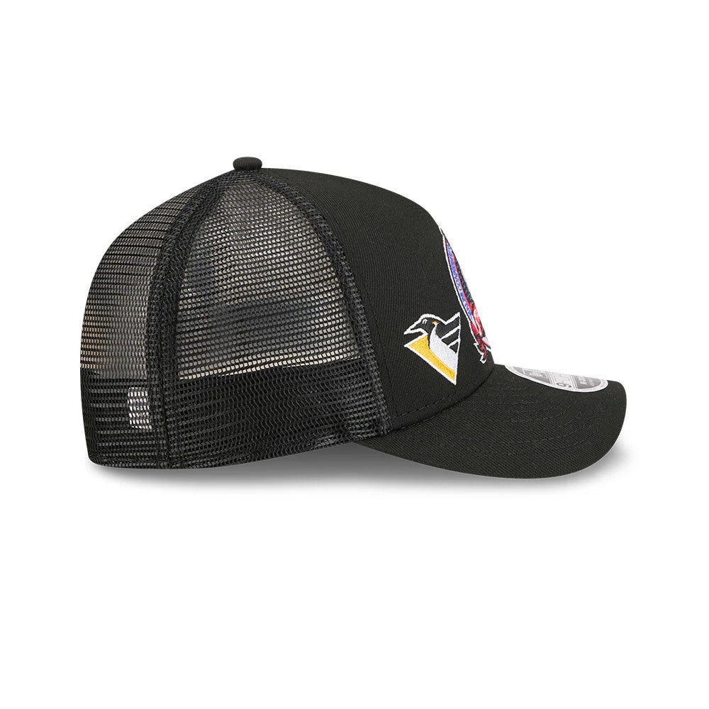 Penguins NHL Stanley Cup Black New Era 9FORTY M-Crown A-Frame Trucker Adjustable Cap, side view showing a black mesh back with a curved visor, the Penguins logo embroidered on the front panel, and a 9FORTY size sticker on the visor.
