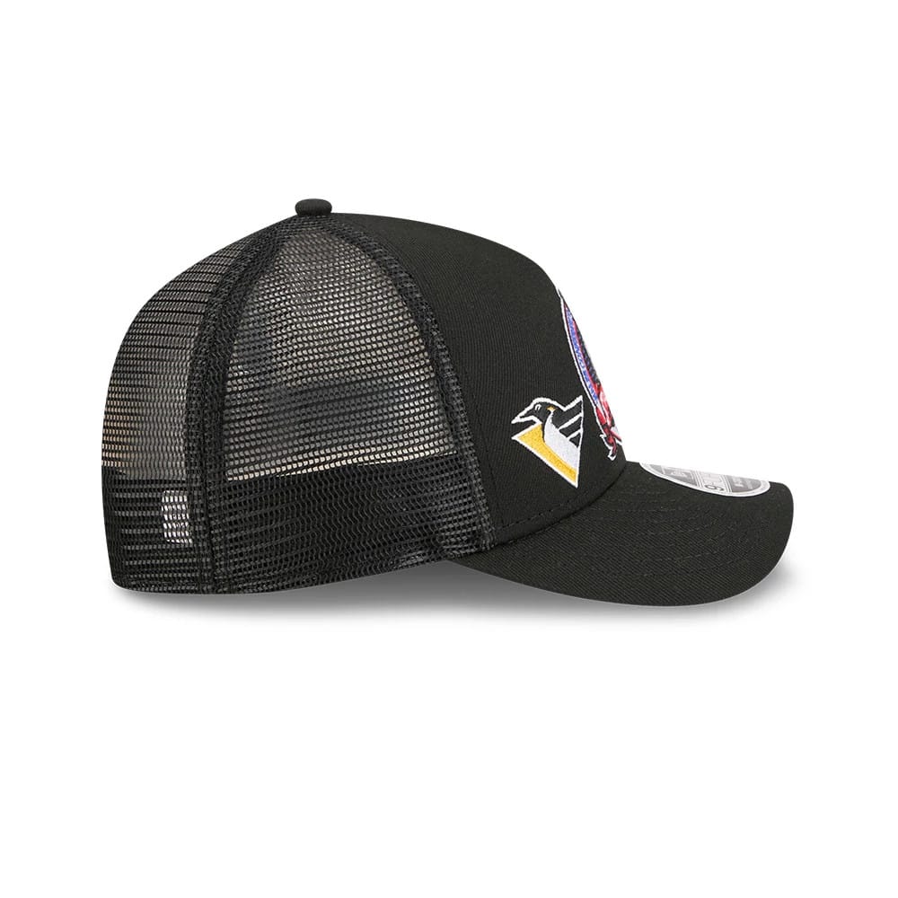 Pictured is this NHL Stanley Cup Champions Pittsburgh Penguins 9FORTY M-Crown A-Frame Trucker Adjustable cap in black. 7