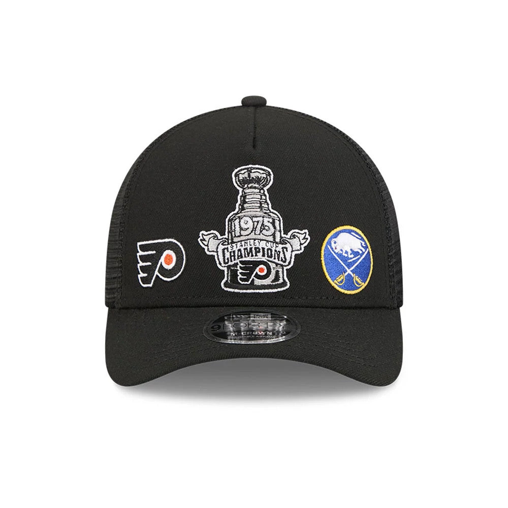 Pictured is this NHL Stanley Cup Champions Philadelphia Flyers 9FORTY M-Crown A-Frame Trucker Adjustable cap in black. 2
