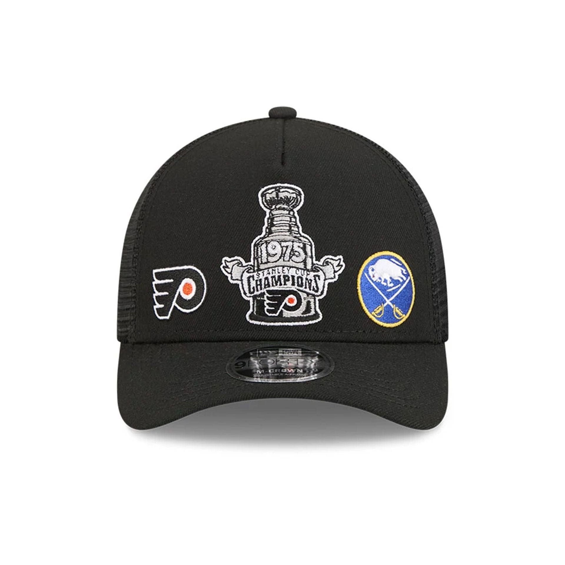 Pictured is this NHL Stanley Cup Champions Philadelphia Flyers 9FORTY M-Crown A-Frame Trucker Adjustable cap in black. 2