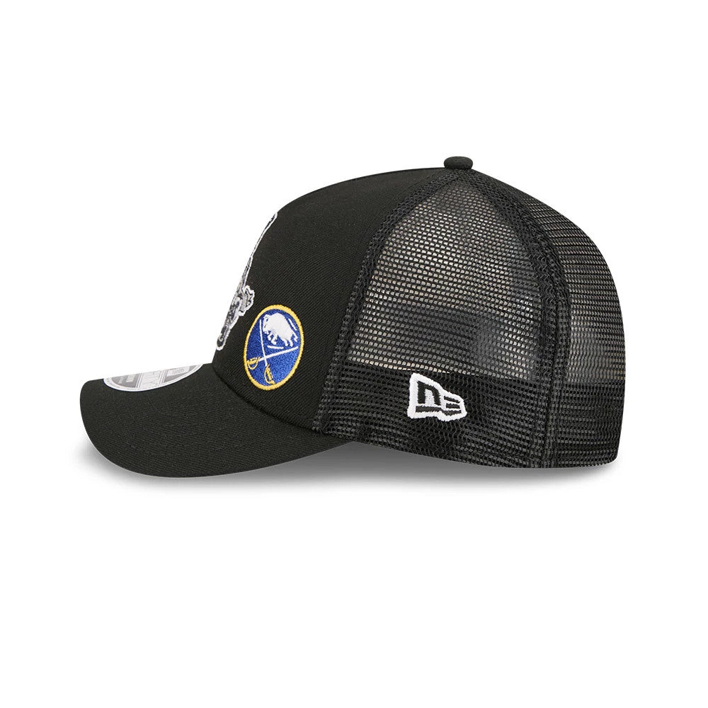 Flyers NHL Stanley Cup Black New Era 9FORTY M-Crown A-Frame Trucker Adjustable Cap, side view showing the white embroidered New Era flag logo on the mesh back panels, a front panel logo patch, and the curved visor with a 9FORTY size sticker.