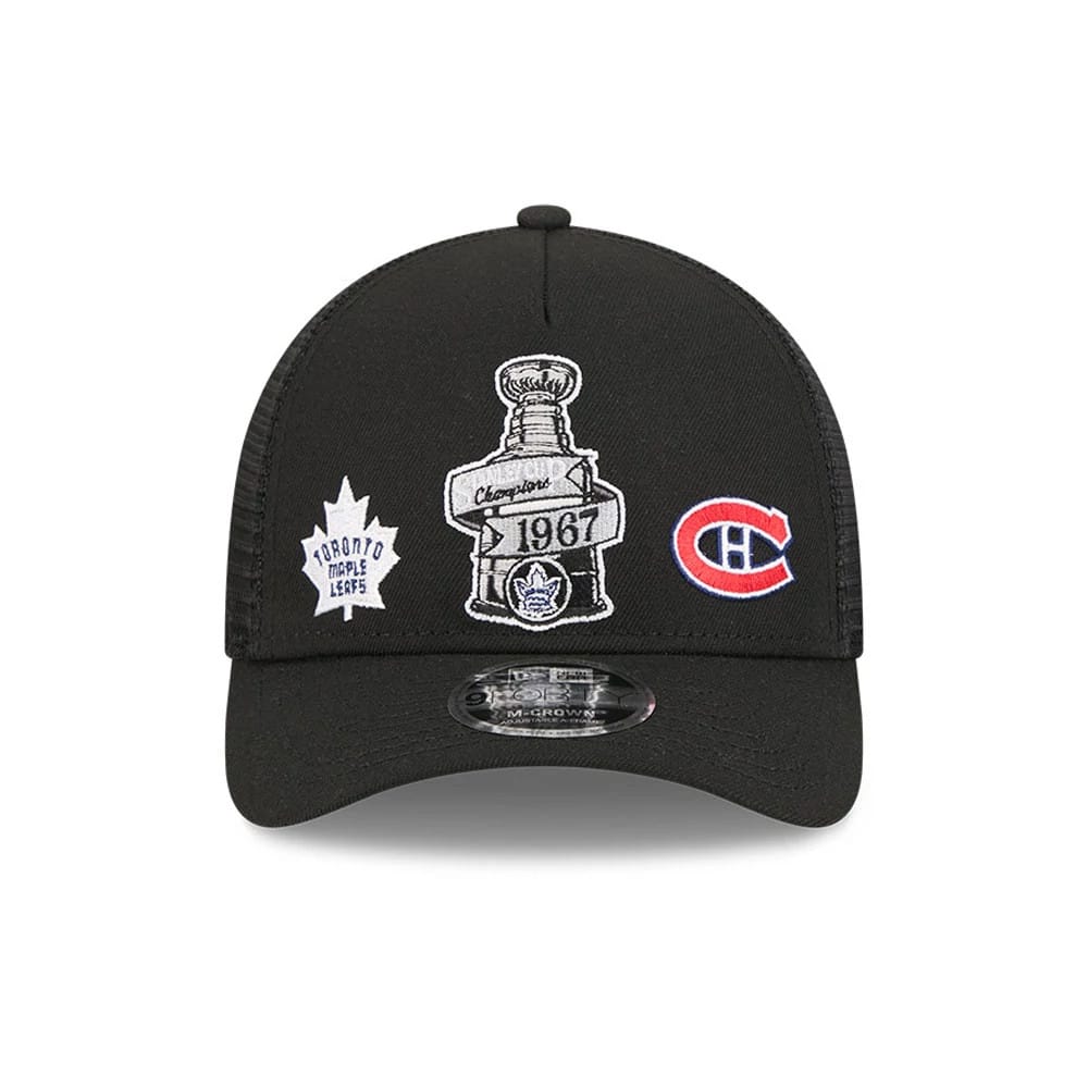 Pictured is this NHL Stanley Cup Champions Toronto Maple Leafs 9FORTY M-Crown A-Frame Trucker Adjustable cap in black. 3
