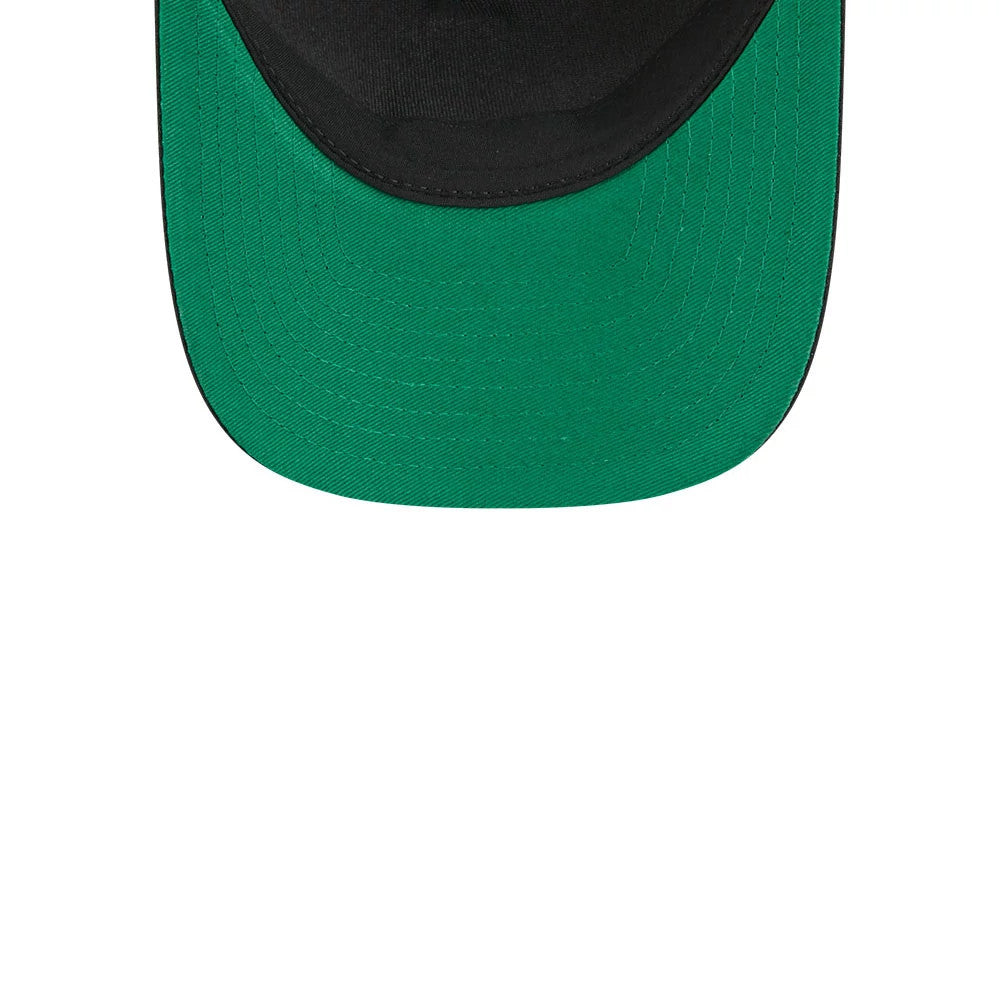 Maple Leafs NHL Stanley Cup Black New Era 9FORTY M-Crown A-Frame Trucker Adjustable Cap, inside view showing a green undervisor, a black sweatband lining the edge, and detailed stitching along the visor for added texture.