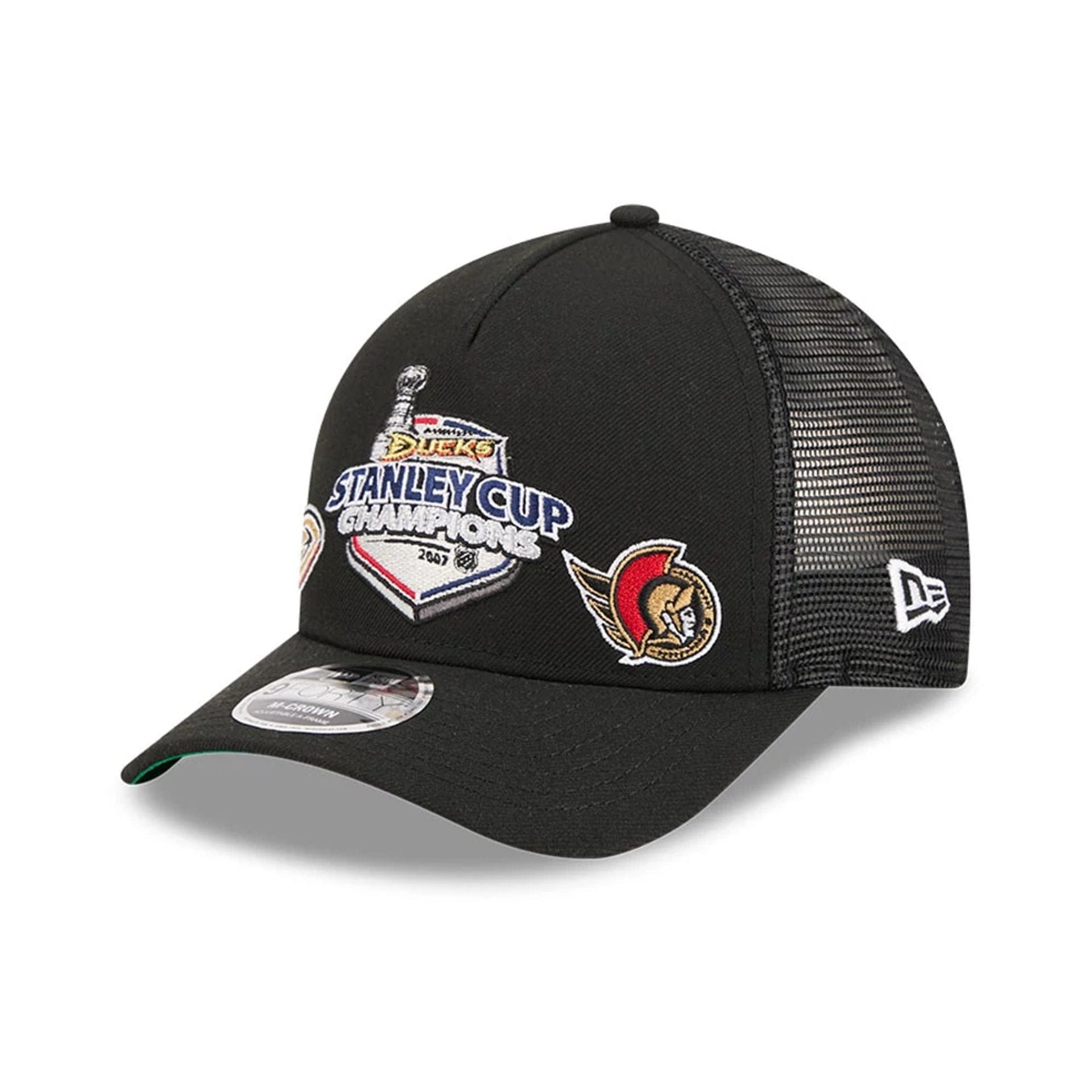 Pictured is this NHL Stanley Cup Champions Anaheim Ducks 9FORTY M-Crown A-Frame Trucker Adjustable cap in black. 1