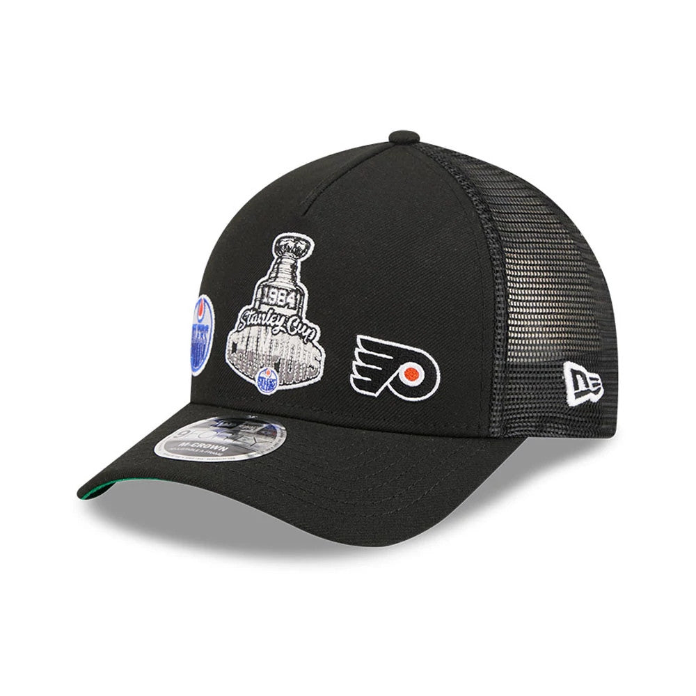 Pictured is this NHL Stanley Cup Champions Edmonton Oilers 9FORTY M-Crown A-Frame Trucker Adjustable cap in black. 1